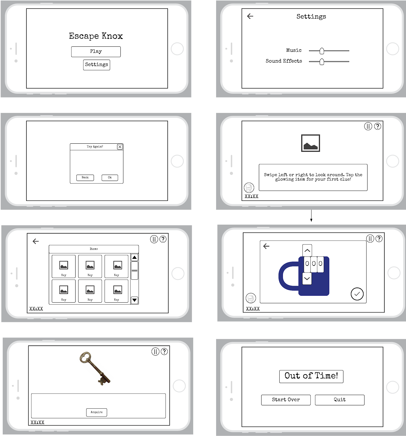 Low-fidelity mocks of various screens in the app.